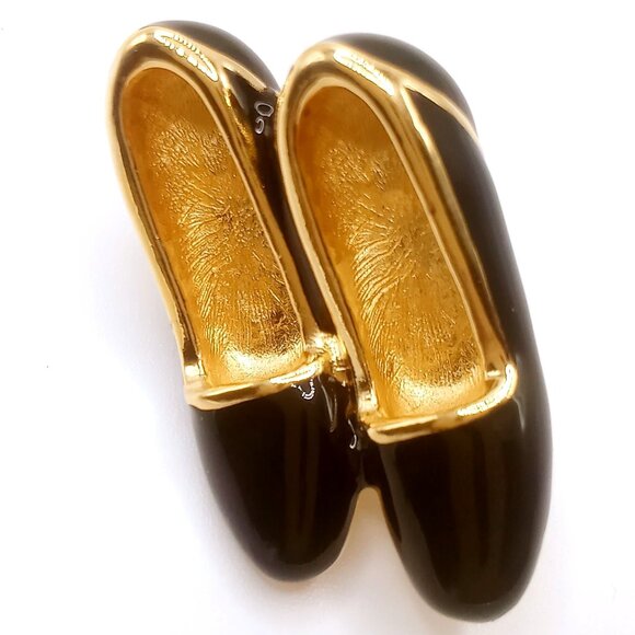 Vintage Napier Brooch Gold Tone Black Ballet Slippers Shoes Lapel Pin - Picture 2 of 9